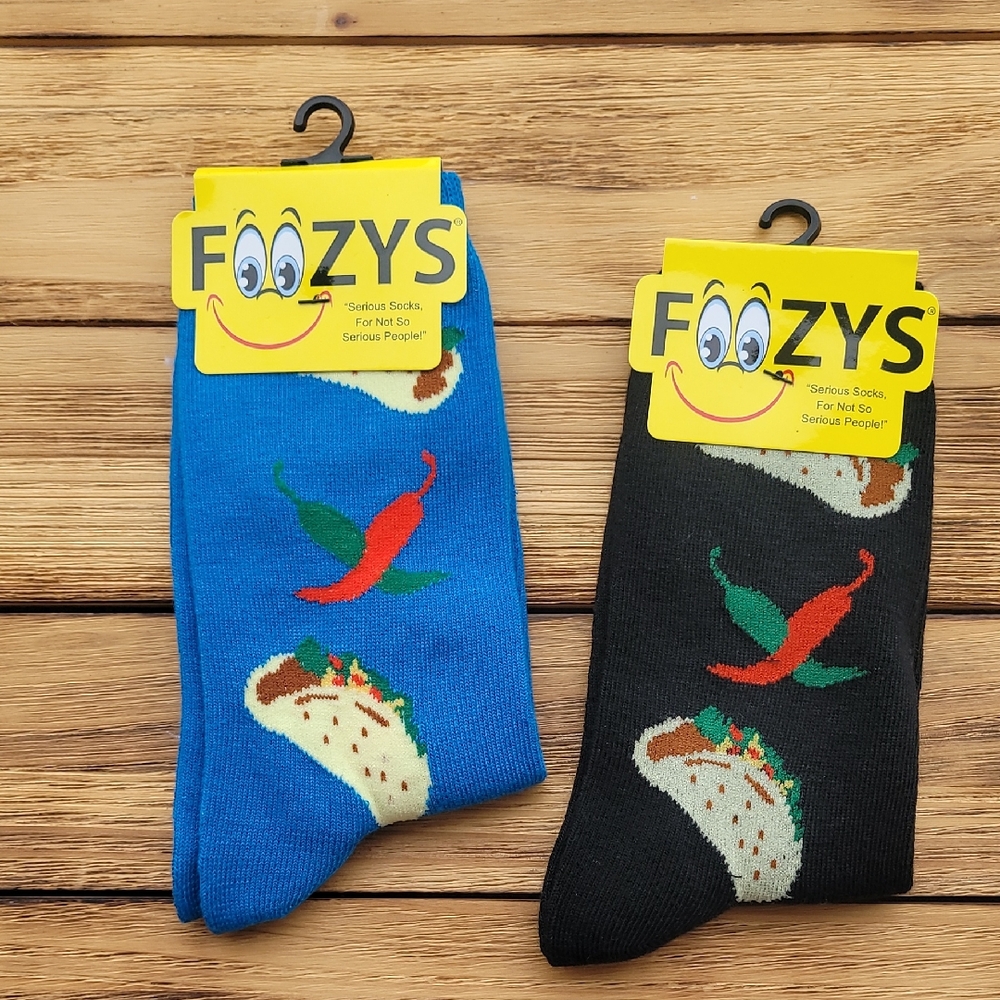 NWT Foozys  Unisex Fun Taco and Chili Socks - Blue and Black 2 Pair Set